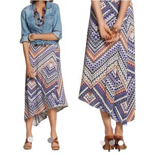 CHICOS Colorful Tribal Ikat Asymmetrical Midi Skirt Size Large Business Casual